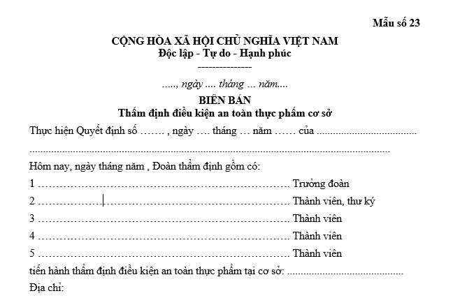 Mẫu Biên bản thẩm định điều kiện an toàn thực phẩm cơ sở