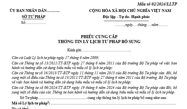 Mẫu phiếu cung cấp thông tin lý lịch tư pháp bổ sung mới nhất là mẫu nào? Tải mẫu về ở đâu?