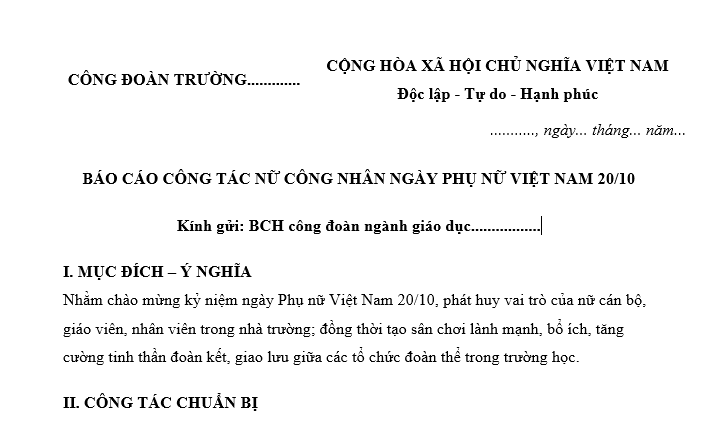 Mẫu báo cáo công tác nữ công 20/10 ngày Phụ nữ Việt Nam trong trường mầm non, tiểu học, trường trung học?