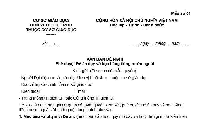 Mẫu Văn bản đề nghị phê duyệt Đề án dạy và học bằng tiếng nước ngoài mới nhất