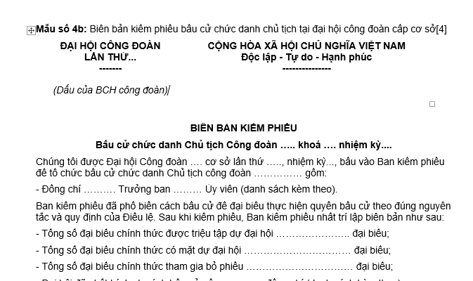 Mẫu Biên bản kiểm phiếu bầu cử chức danh chủ tịch Đại hội công đoàn cấp cơ sở mới nhất theo Hướng dẫn 38?