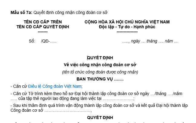 Mẫu Quyết định công nhận công đoàn cơ sở mới nhất theo Hướng dẫn 38/HD-TLĐ