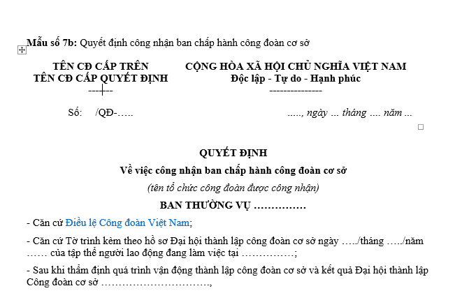 Mẫu Quyết định công nhận Ban chấp hành công đoàn cơ sở mới nhất? Tải về mẫu số 7b Hướng dẫn 38/HD-TLĐ?