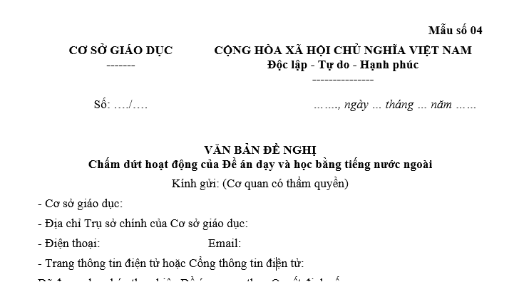Mẫu Văn bản đề nghị chấm dứt hoạt động của Đề án dạy và học bằng tiếng nước ngoài