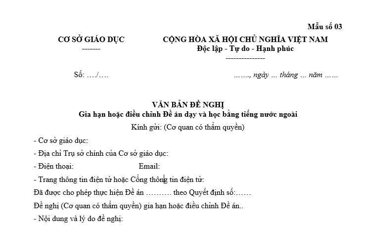 Mẫu Văn bản đề nghị gia hạn hoặc điều chỉnh Đề án dạy và học bằng tiếng nước ngoài