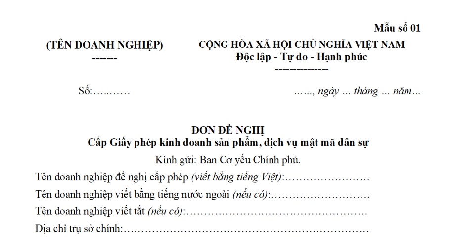 ĐƠN ĐỀ NGHỊ Cấp Giấy phép kinh doanh sản phẩm, dịch vụ mật mã dân sự