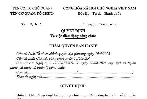 Mẫu Quyết định điều động công chức về xã mới nhất?