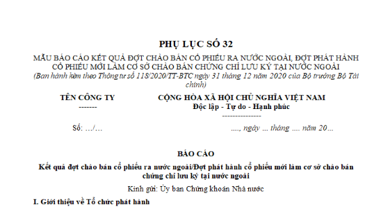 Mẫu báo cáo kết quả đợt chào bán cổ phiếu ra nước ngoài, đợt phát hành cổ phiếu mới làm cơ sở chào bán chứng chỉ lưu ký tại nước ngoài?