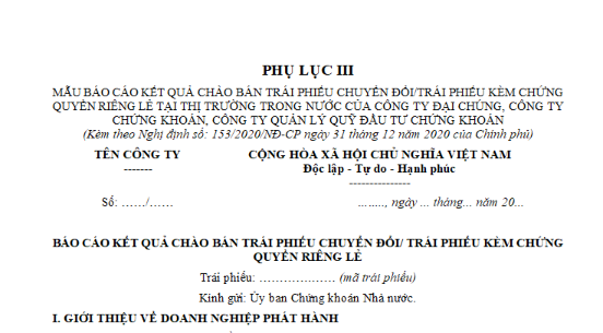 Mẫu báo cáo kết quả chào bán trái phiếu chuyển đổi/trái phiếu kèm chứng quyền riêng lẻ tại thị trường trong nước của công ty đại chúng?