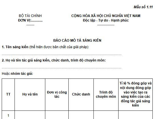 Mẫu Báo cáo mô tả sáng kiến trong ngành Tài chính theo Thông tư 146 là mẫu nào? Tải về mẫu số 1.11?