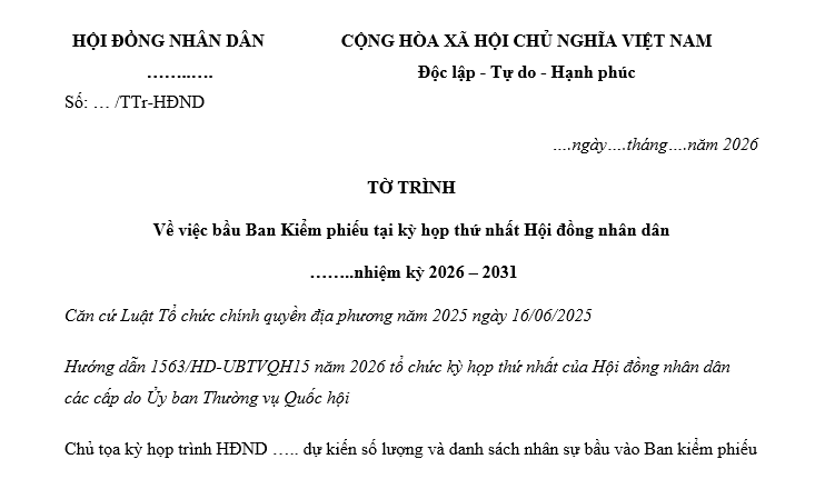 Mẫu bầu Ban Kiểm phiếu tại kỳ họp thứ nhất Hội đồng nhân dân