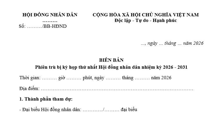 Mẫu Biên bản phiên trù bị kỳ họp thứ nhất Hội đồng nhân dân nhiệm kỳ 2026-2031 mới nhất? Tải về?