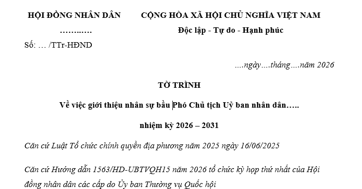 Mẫu Tờ trình giới thiệu nhân sự bầu Phó Chủ tịch UBND nhiệm kỳ 2026-2031 mới nhất? Tải về ở đâu?