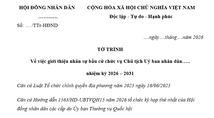 Mẫu Tờ trình giới thiệu nhân sự bầu Chủ tịch Uỷ ban nhân dân nhiệm kỳ 2031-2026 mới nhất? Tải về?