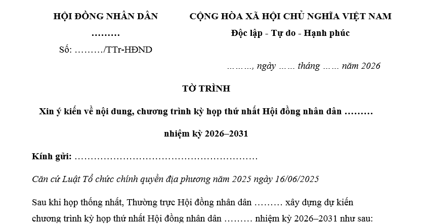 Mẫu Tờ trình xin ý kiến về chương trình kỳ họp thứ nhất Hội đồng nhân dân các cấp nhiệm kỳ 2026-2031?