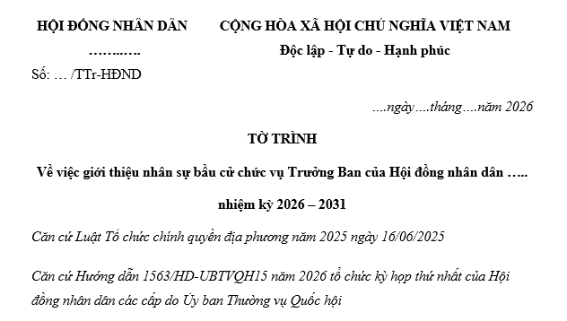 Mẫu Tờ trình bầu Trưởng Ban của Hội đồng nhân dân