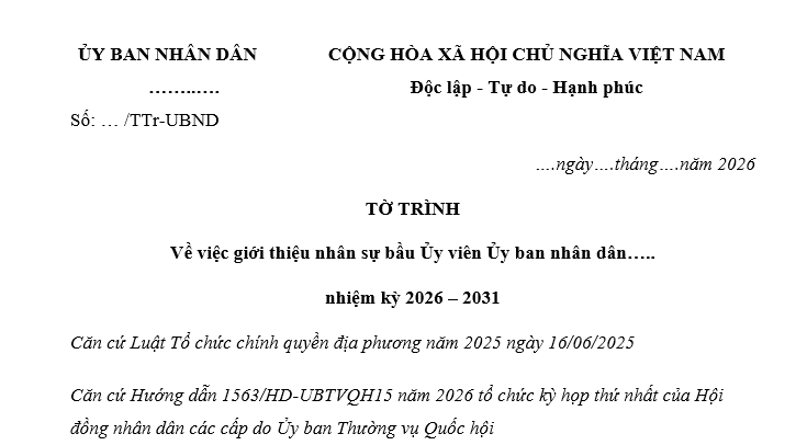Mẫu Tờ trình giới thiệu nhân sự ứng cử Ủy viên Ủy ban nhân dân nhiệm kỳ 2026-2031 mới nhất? Tải về?