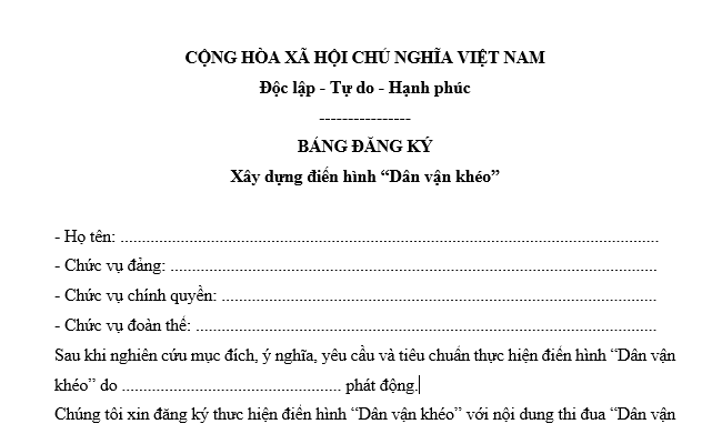 Mẫu Bản đăng ký Dân vận khéo mới nhất là mẫu nào? Nội dung đăng ký Dân vận khéo bao gồm những gì?