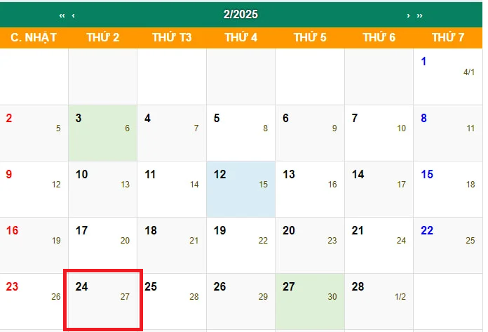 Ngày 24 tháng 2 là ngày gì? 24 tháng 2 là ngày mấy âm lịch? 24 2 là thứ mấy? Ngày 24 tháng 2 có phải ngày lễ lớn?