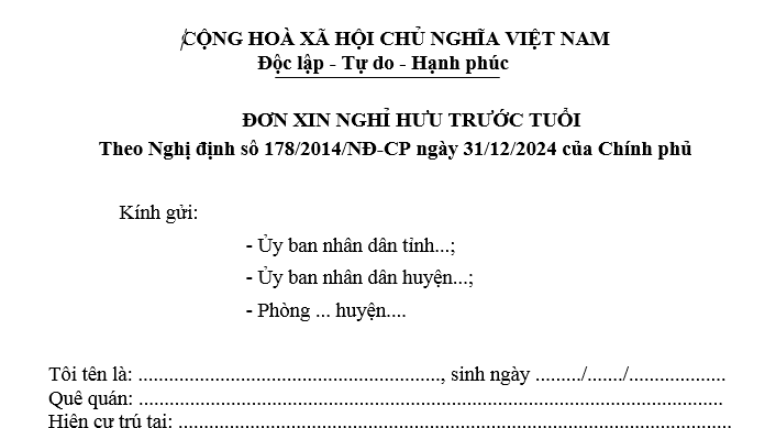 Mẫu đơn xin nghỉ hưu trước tuổi theo nghị định 178 