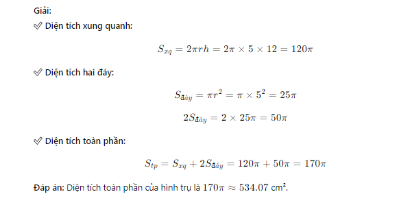 Công thức tính diện tích toàn phần Hình trụ?