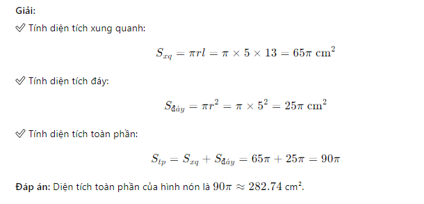 Công thức tính diện tích toàn phần Hình nón?