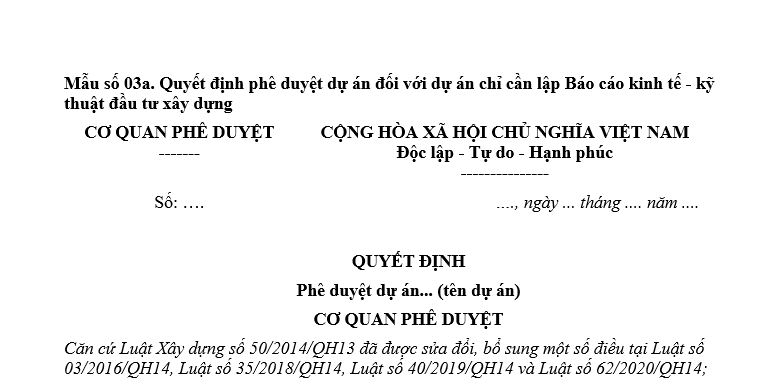 Mẫu quyết định phê duyệt dự án đối với dự án yêu cầu lập báo cáo nghiên cứu khả thi đầu tư xây đựng là mẫu nào?