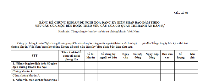 Mẫu Bảng kê chứng khoán đề nghị xóa đăng ký biện pháp bảo đảm theo yêu cầu của một bên hoặc theo yêu cầu của cơ quan thi hành án dân sự 