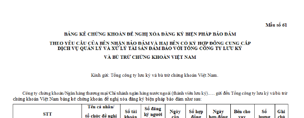 Mẫu Bảng kê chứng khoán đề nghị xóa đăng ký biện pháp bảo đảm theo yêu cầu của bên nhận bảo đảm và hai bên có ký hợp đồng cung cấp dịch vụ quản lý và xử lý tài sản bảo đảm với Tổng công ty lưu ký và bù trừ chứng khoán Việt Nam