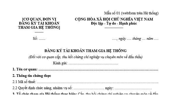 Mẫu số 01 Mẫu đơn đăng ký tài khoản tham gia Hệ thống