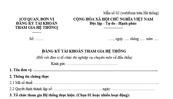 Mẫu số 02 Mẫu đơn đăng ký tài khoản tham gia Hệ thống