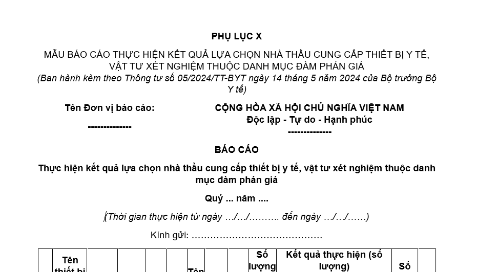 Mẫu báo cáo thực hiện kết quả lựa chọn nhà thầu cung cấp thiết bị y tế, vật tư xét nghiệm thuộc danh mục đàm phán giá là mẫu nào?