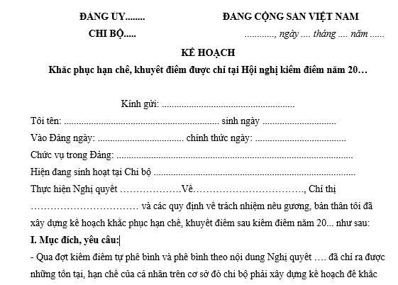 Mẫu kế hoạch khắc phục hạn chế khuyết điểm sau kiểm điểm của Đảng viên mới nhất là mẫu nào?