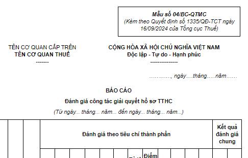 Mẫu báo cáo đánh giá công tác giải quyết hồ sơ TTHC thuế theo cơ chế một cửa, một cửa liên thông tại cơ quan thuế mới nhất?