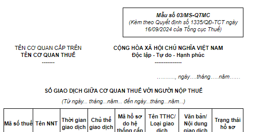 Mẫu sổ giao dịch giữa cơ quan thuế với người nộp thuế theo cơ chế một cửa, một cửa liên thông tại cơ quan thuế?