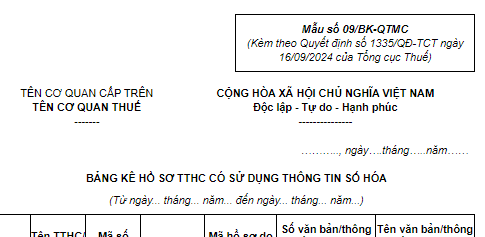 Mẫu bảng kê hồ sơ TTHC thuế có sử dụng thông tin số hóa theo cơ chế một cửa, một cửa liên thông tại cơ quan thuế?