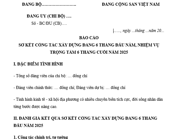 Mẫu Báo cáo sơ kết công tác xây dựng Đảng 6 tháng đầu năm mới nhất là mẫu nào? Tải mẫu về ở đâu?