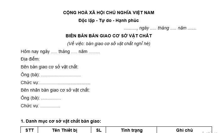 Mẫu Biên bản bàn giao cơ sở vật chất trong thời gian nghỉ Hè mới nhất là mẫu nào? Tải về ở đâu?