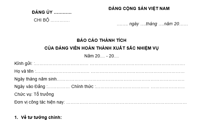 Mẫu báo cáo thành tích đảng viên hoàn thành xuất sắc nhiệm vụ mới nhất? Hướng dẫn viết báo cáo?