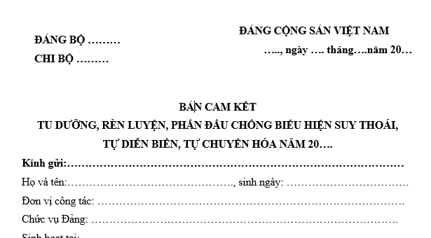 Mẫu bản cam kết chống biểu hiện suy thoái, tự diễn biến, tự chuyển hóa của đảng viên mới nhất là mẫu nào?