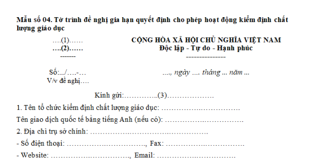 Mẫu tờ trình đề nghị gia hạn hoạt động kiểm định chất lượng giáo dục mới nhất là mẫu nào? Tải về ở đâu?