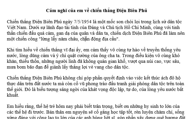 Cảm nghĩ của em về chiến thắng Điện Biên Phủ ngắn gọn? Viết bài văn về chiến thắng Điện Biên Phủ ngắn gọn