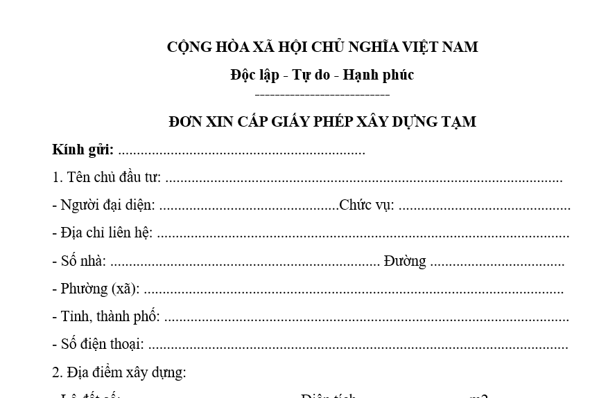 Mẫu đơn xin cấp phép xây dựng tạm mới nhất? Tải về? Công trình xây dựng tạm là công trình thế nào?