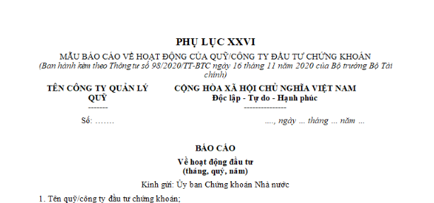 Mẫu Báo cáo về hoạt động của quỹ/công ty đầu tư chứng khoán mới nhất