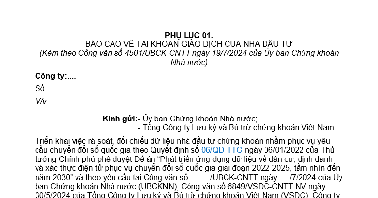 Mẫu báo cáo về tài khoản giao dịch chứng khoán của nhà đầu tư mới nhất