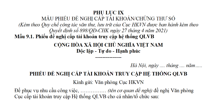 Mẫu phiếu đề nghị cấp tài khoản truy cập hệ thống quản lý văn bản của cục hàng không việt nam mới nhất