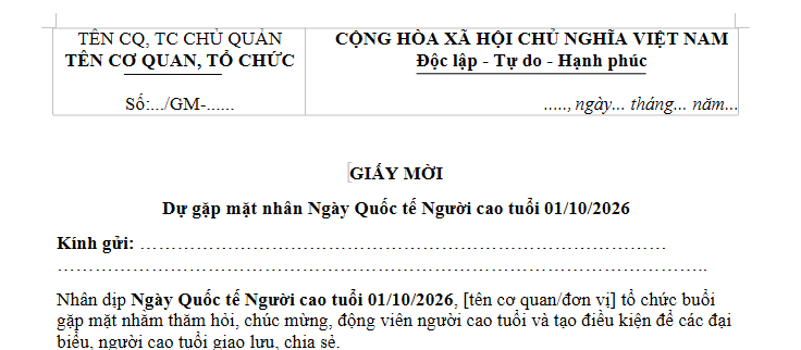 Mẫu Giấy mời dự Ngày Quốc tế Người cao tuổi 1/10/2026 là mẫu nào? Tải về giấy mời Ngày Quốc tế Người cao tuổi ở đâu?