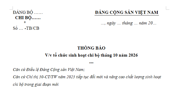 Mẫu Thông báo sinh hoạt chi bộ tháng 10 năm 2026 là mẫu nào? Tải về thông báo sinh hoạt chi bộ tháng 10 ở đâu?