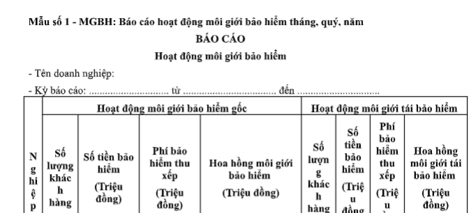 Mẫu Báo cáo hoạt động môi giới bảo hiểm Tháng là mẫu nào Thông tư 96? Tải về Mẫu số 1 MGBH ở đâu?