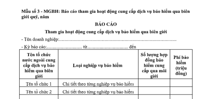 Mẫu Báo cáo tham gia hoạt động cung cấp dịch vụ bảo hiểm qua biên giới Quý, năm theo Thông tư 96 là mẫu nào?